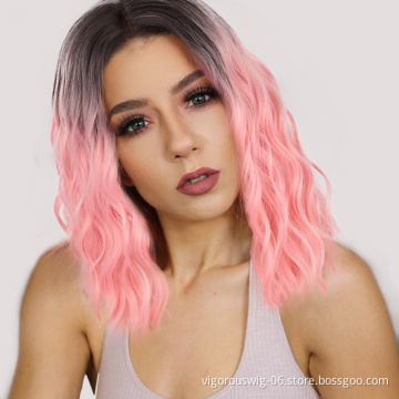 Colorful Ombre Wholesale For Women Pre Plucked Deep Wave Heat Resistant Short Bob Cut Wigs Lace Front Synthetic